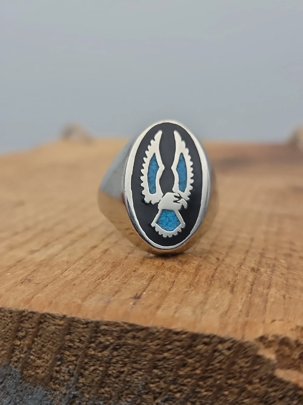 Vintage Native American Turquoise‎ Onyx Eagle Ring Men's 13